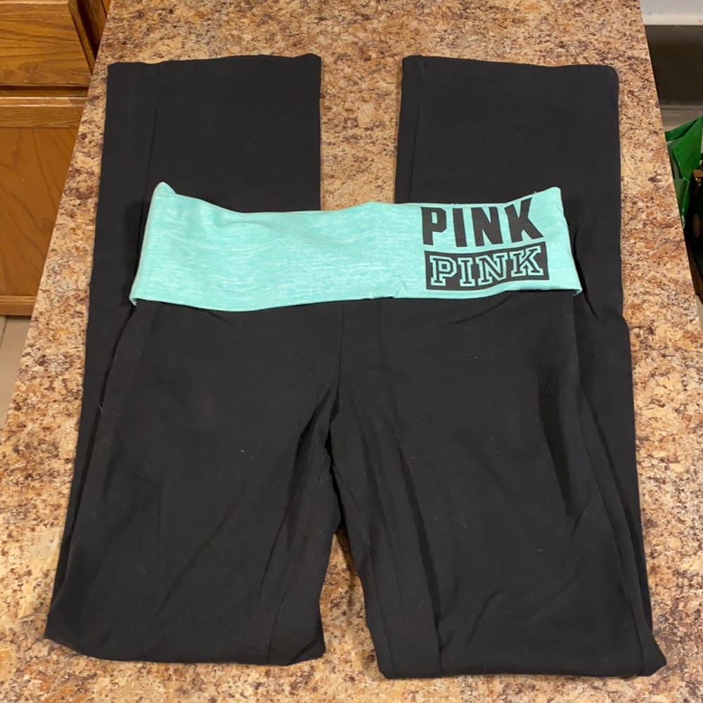 Pink yoga pants flare leg - aqua trim medium